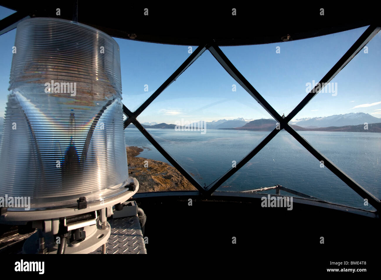 View over Stephens Passage and the Chatham Strait from the light room of Point Retreat Lighthouse, Alaska Stock Photo