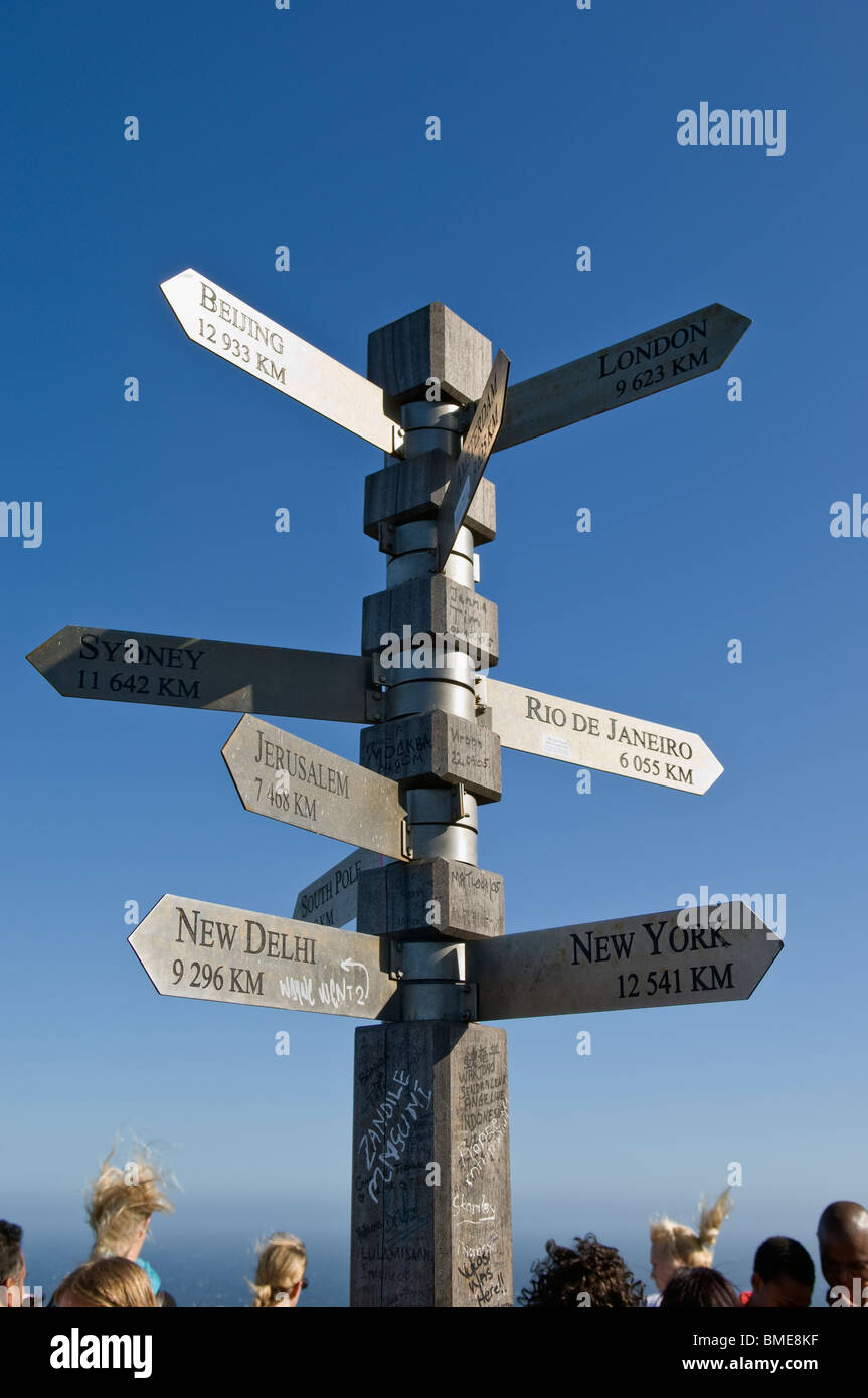 Distance sign pointing towards many places Stock Photo