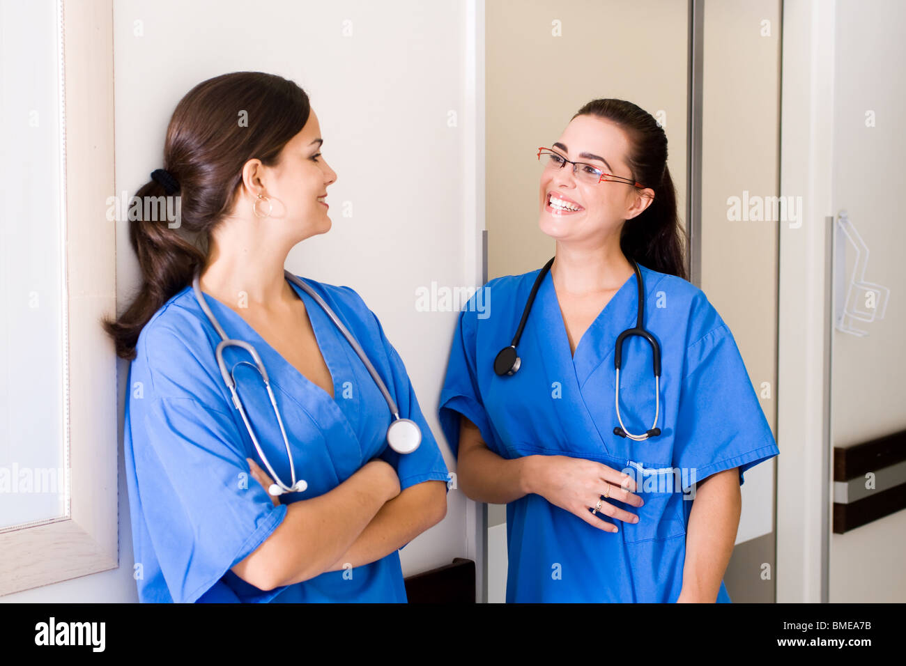 two female medical nurses in the hospital hallway Stock Photo