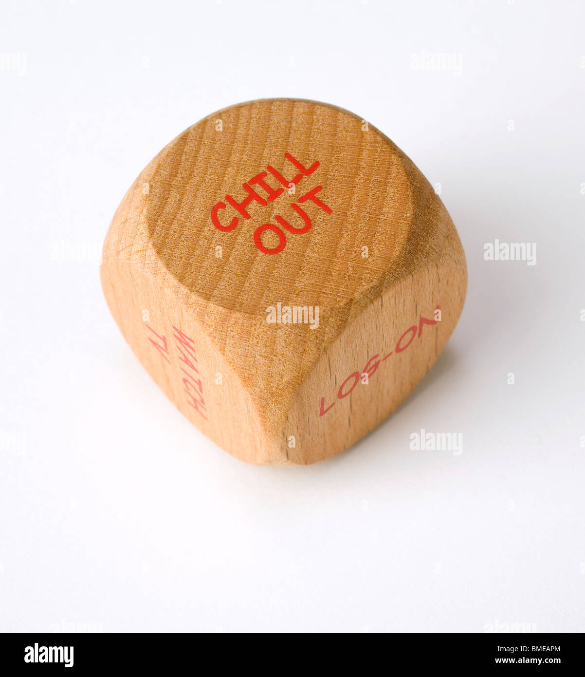 wooden dice with common phrases inscribed on the sides Stock Photo