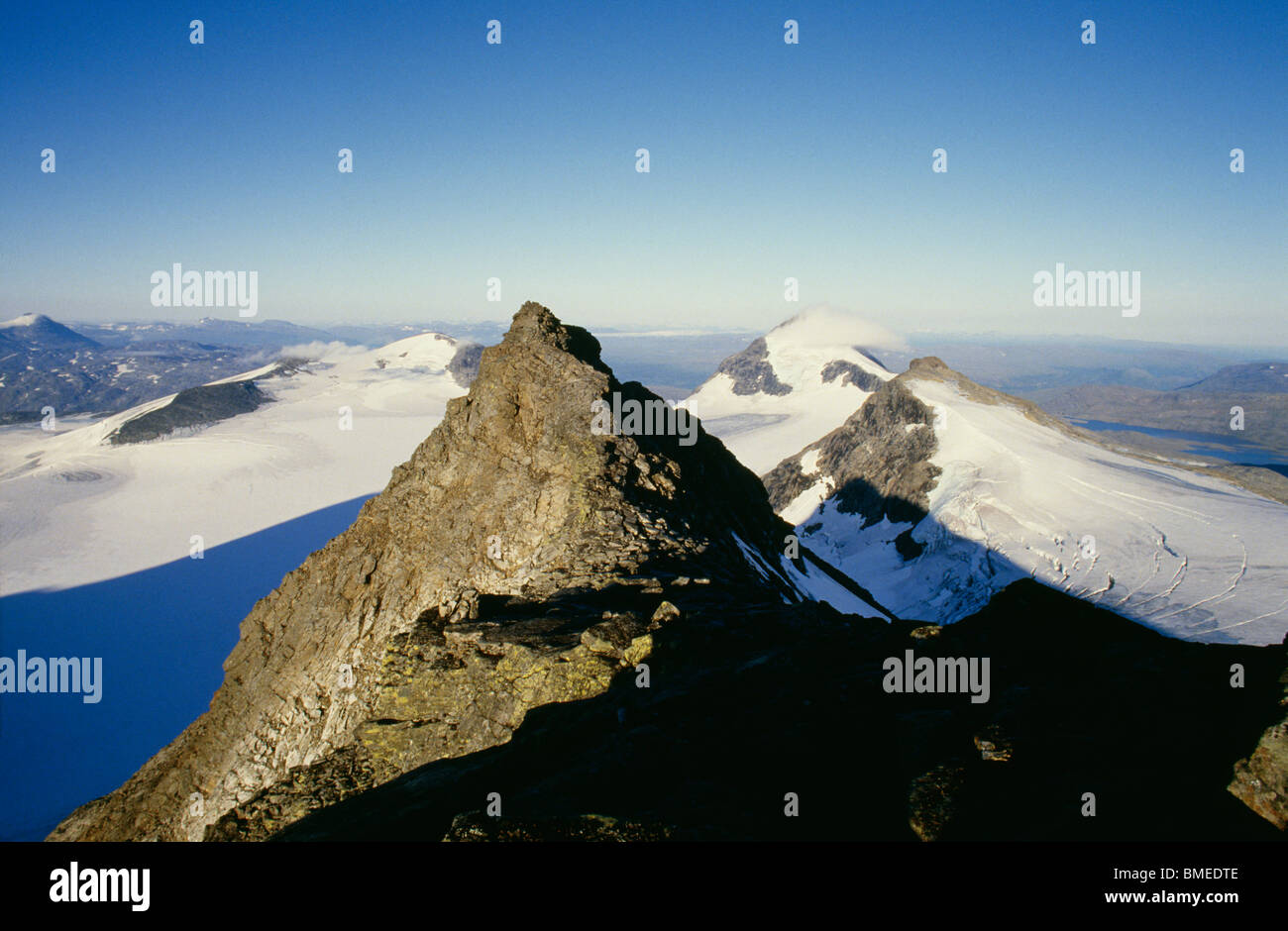 View of snow covered mountain peaks Stock Photo