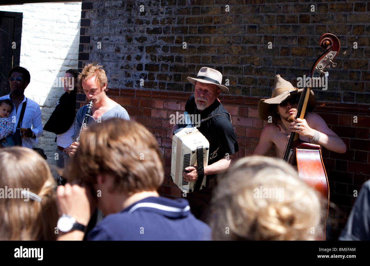 Jazz band performing in Columbia Rd flower market, London, uk Stock Photo