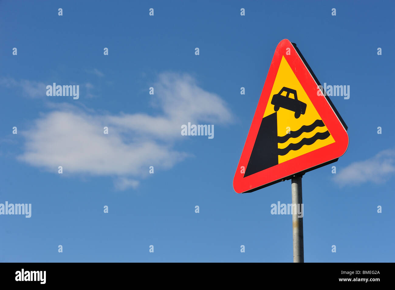 Scandinavia, Sweden, Gothenburg, View of road warning sign, low angle view Stock Photo