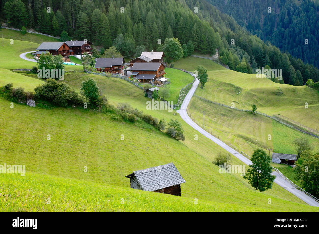 Europe, Austria, Road passing by farmhouses Stock Photo