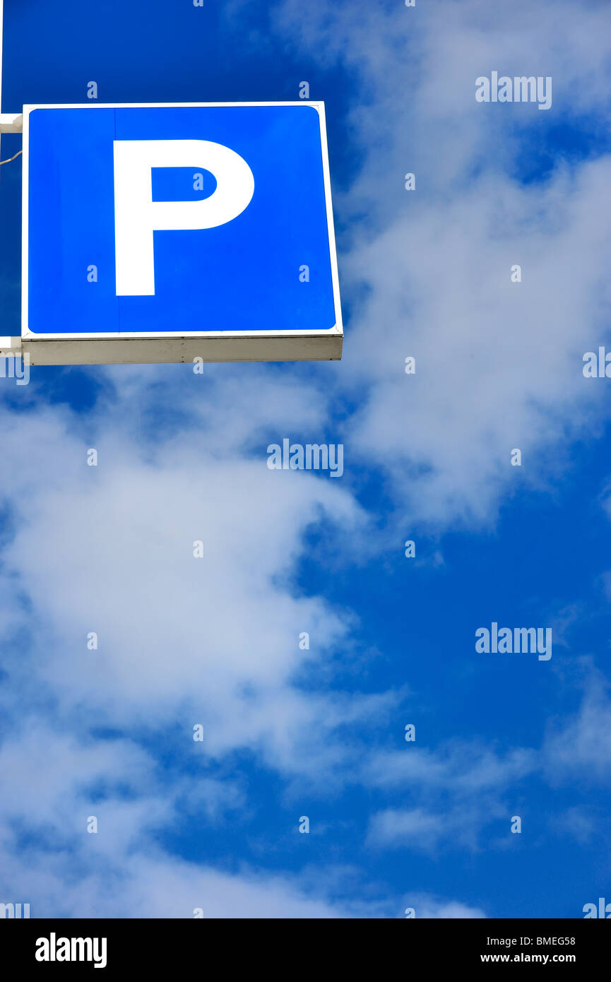 Scandinavia, Sweden, Gothenburg, View of parking sign against sky, low angle view Stock Photo