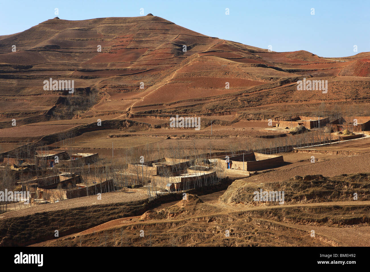 Houses scattering at Loess Plateau, Xunhua Salar Autonomous County, Haidong Prefecture, Qinghai Province, China Stock Photo