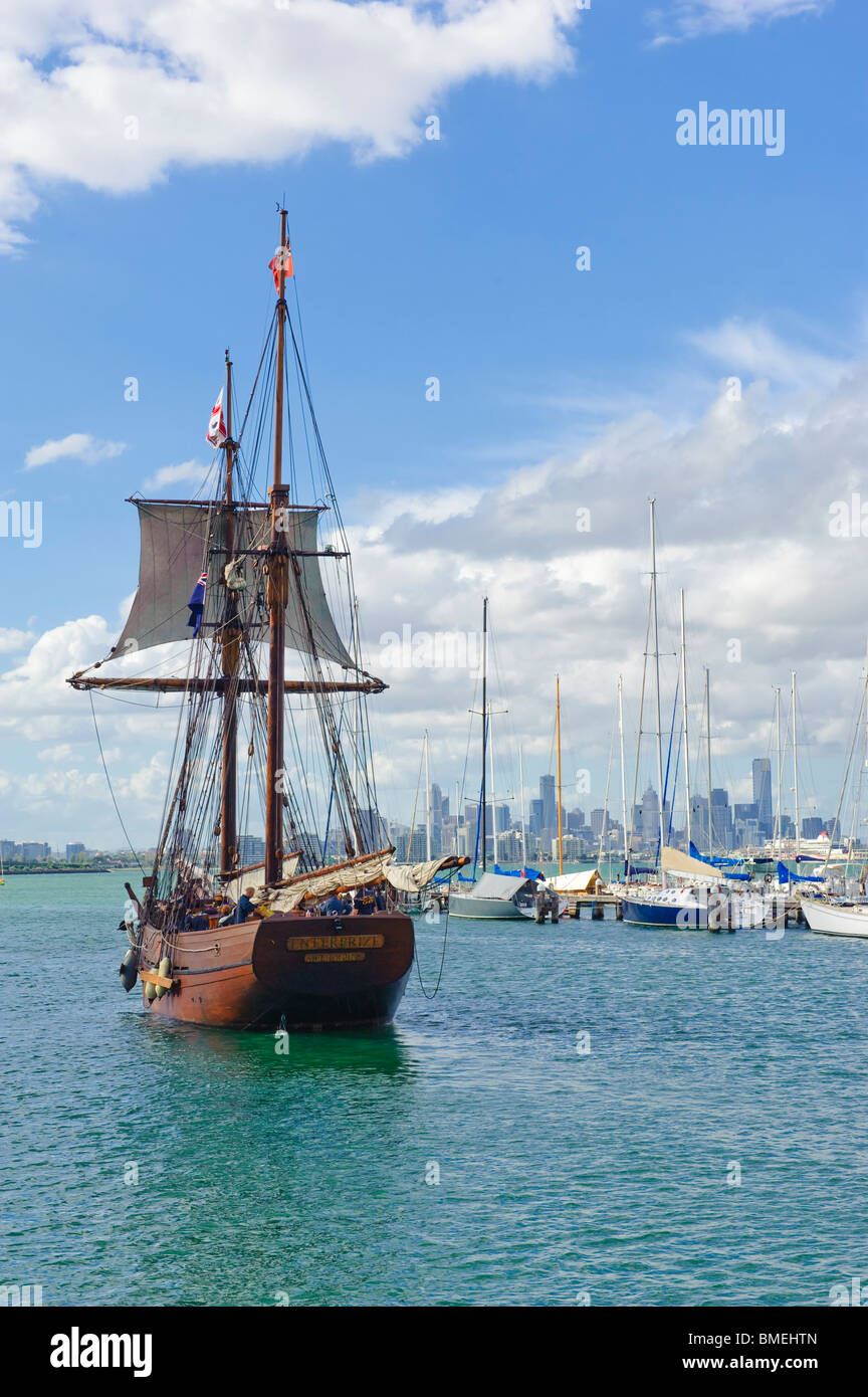Tall Ship Enterprize in Williamstown with view of Melbourne Stock Photo