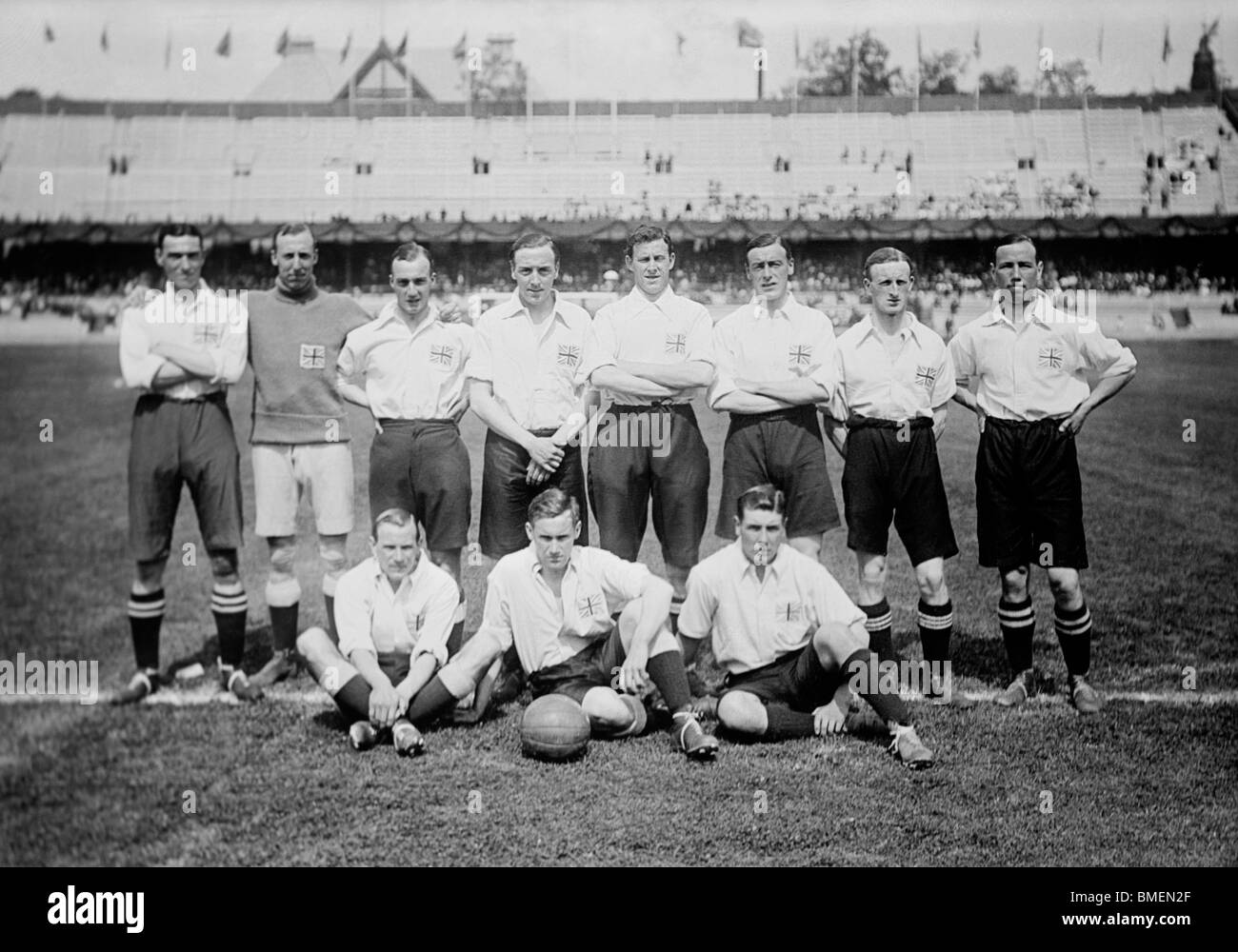 Vintage photo of the England / Great Britain football team which won the Gold Medal at the 1912 Olympics in Stockholm, Sweden. Stock Photo