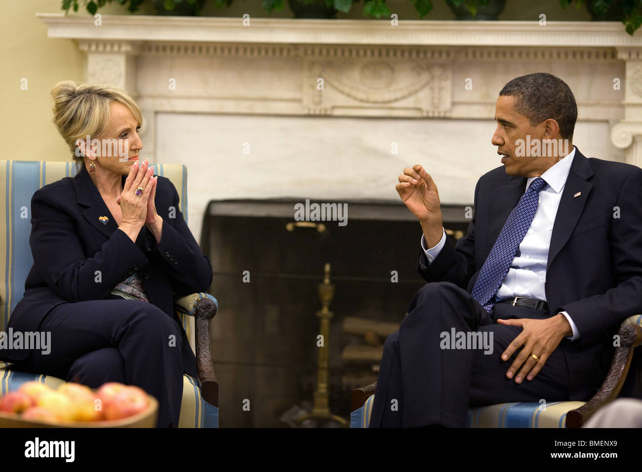 President Barack Obama meets with Arizona Gov. Jan Brewer in the Oval Office, June 3, 2010. Stock Photo