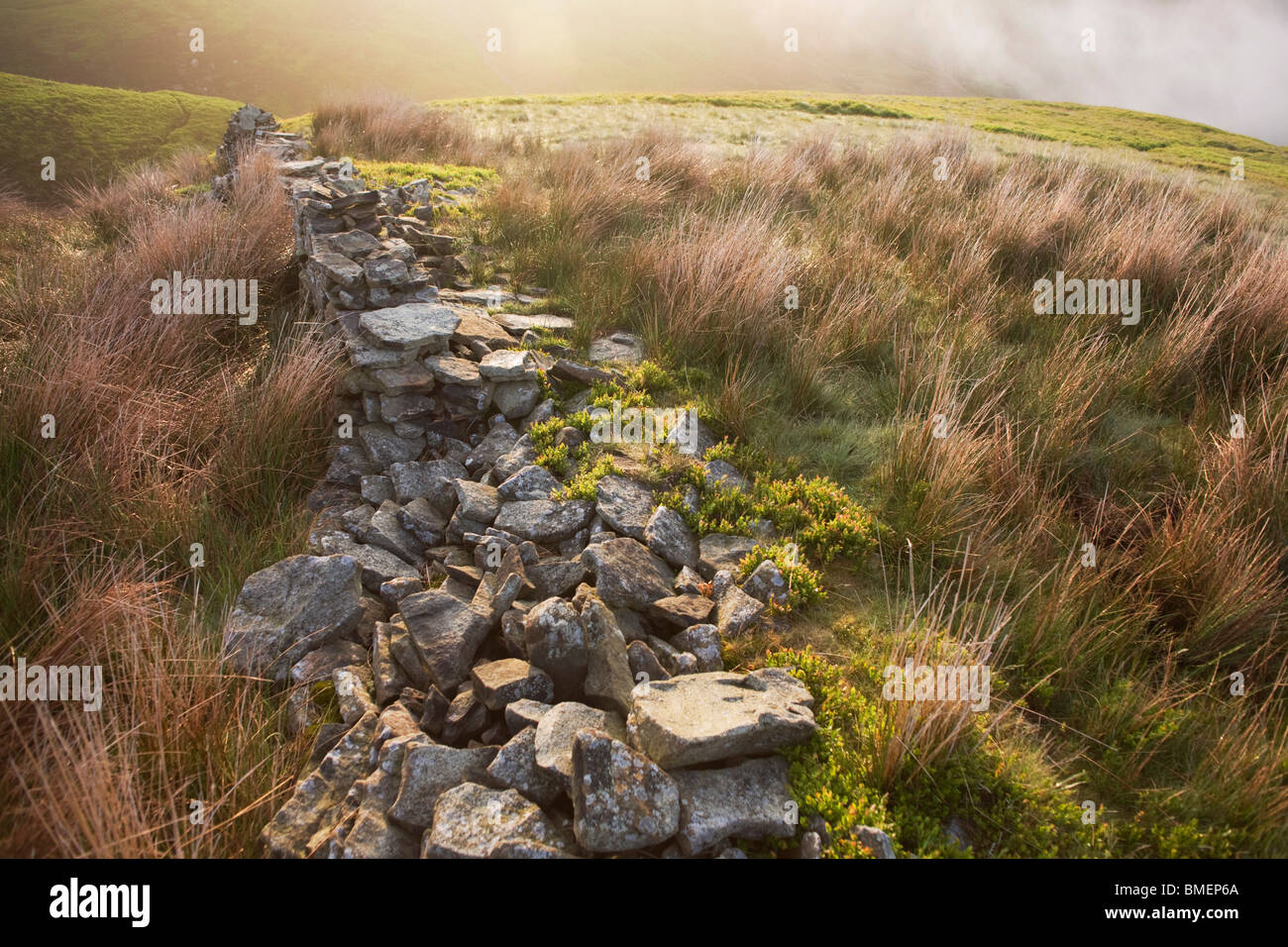 Collapsed dry stone wall on an early morning misty Nether Moor. Stock Photo