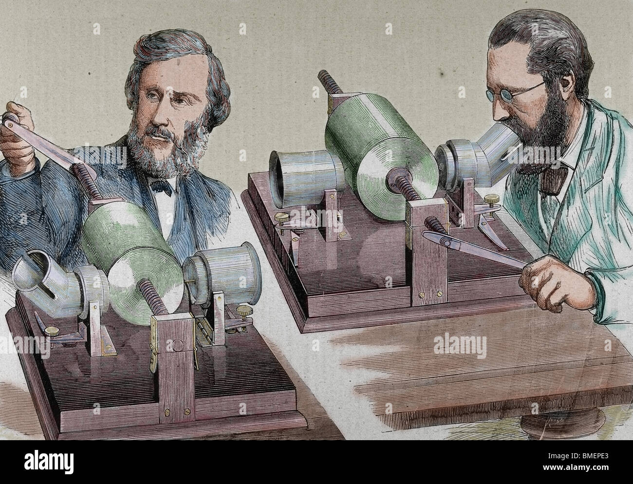 Phonograph. Created in 1877 by Thomas Alva Edison (Milan, Ohio, 1847-West Orange, 1931). Colored engraving. Stock Photo