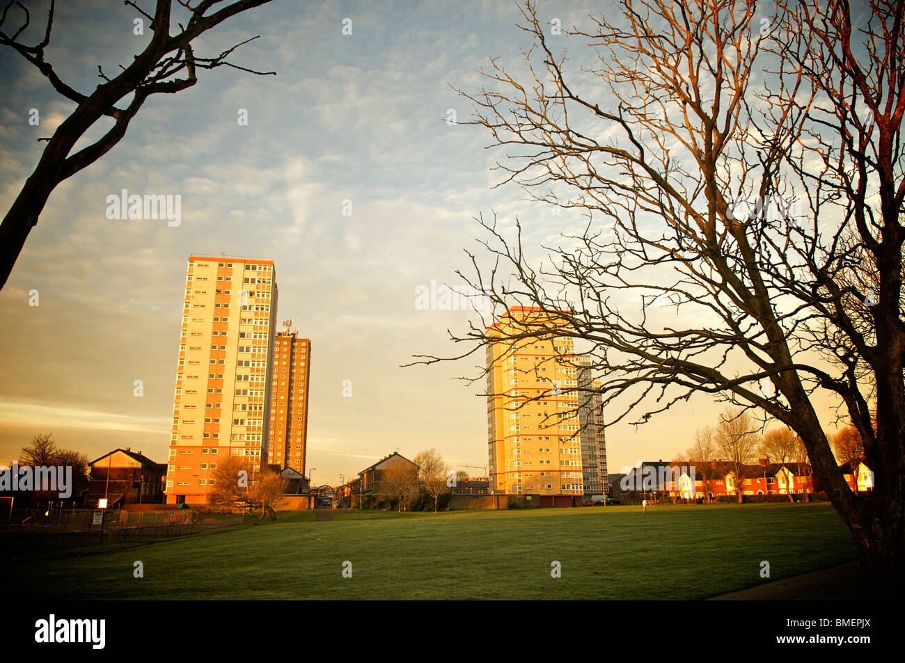 High rise flats at dawn in Layton,Blackpool Stock Photo
