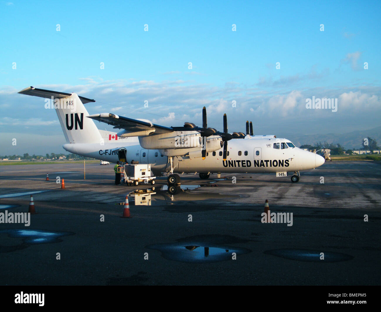 A canadian UN plane sits on the tarmac at the United Nations logistics base in Port au Prince, Haiti Stock Photo