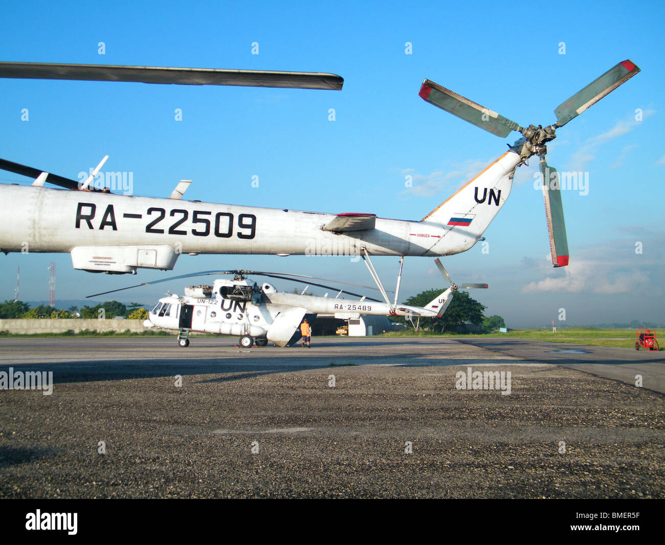 Ukranian-made United Nations helicopters on the tarmac at the Minustah logistics base in Port au Prince, Haiti Stock Photo