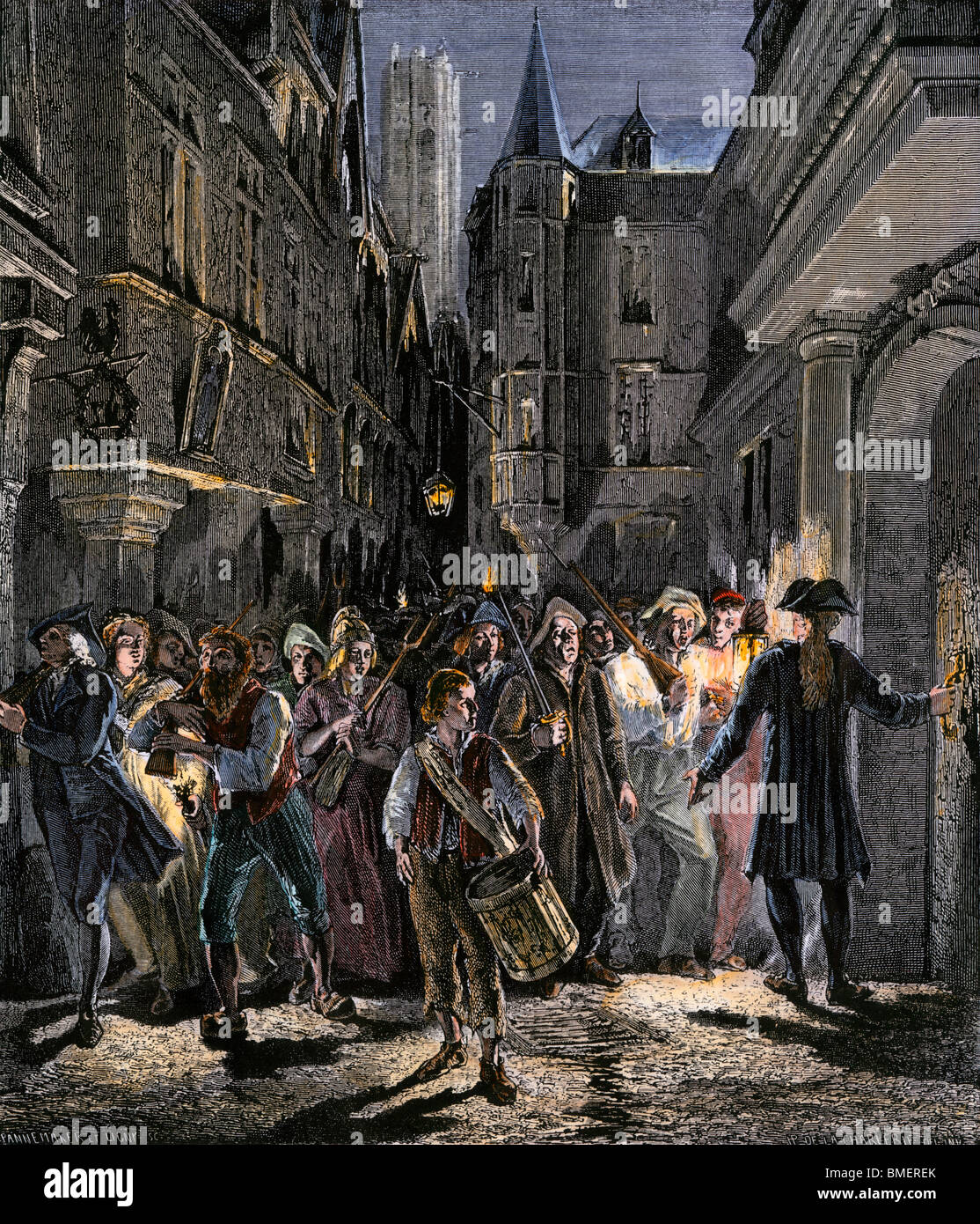 Radicals patrolling the streets of Paris during the French Revolution, 1790s. Hand-colored woodcut Stock Photo