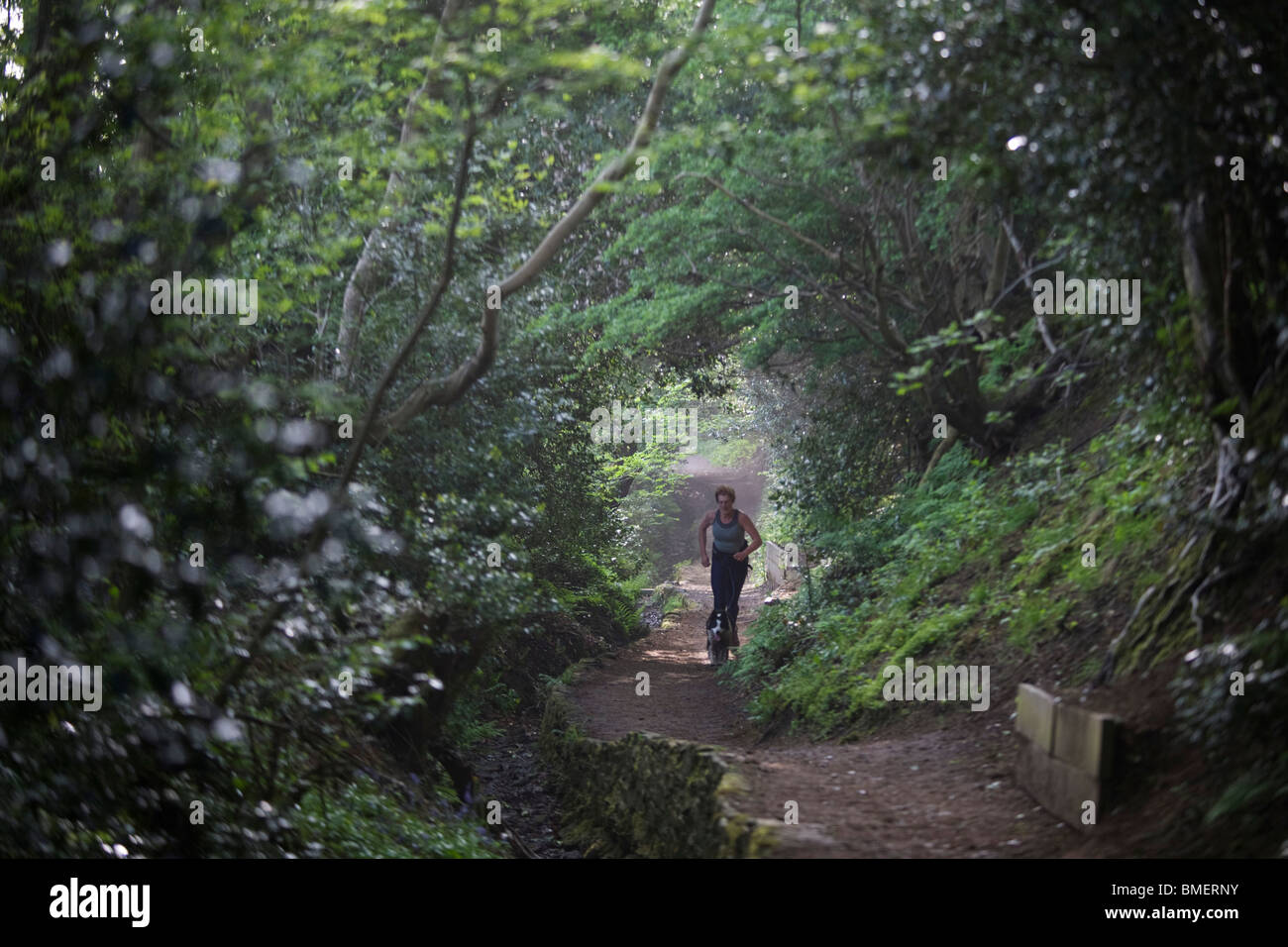 Early morning lady jogger runs up start of Penine Way in Vale of Edale, Peak District National Park, Derbyshire. Stock Photo