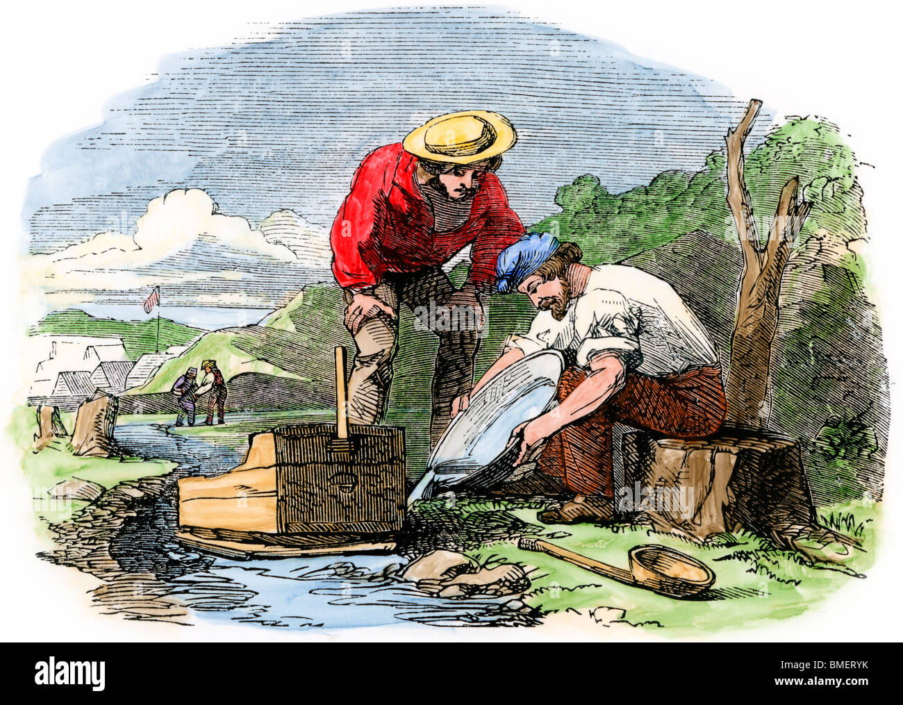 Australian prospectors panning for gold, 1850s. Hand-colored woodcut Stock Photo