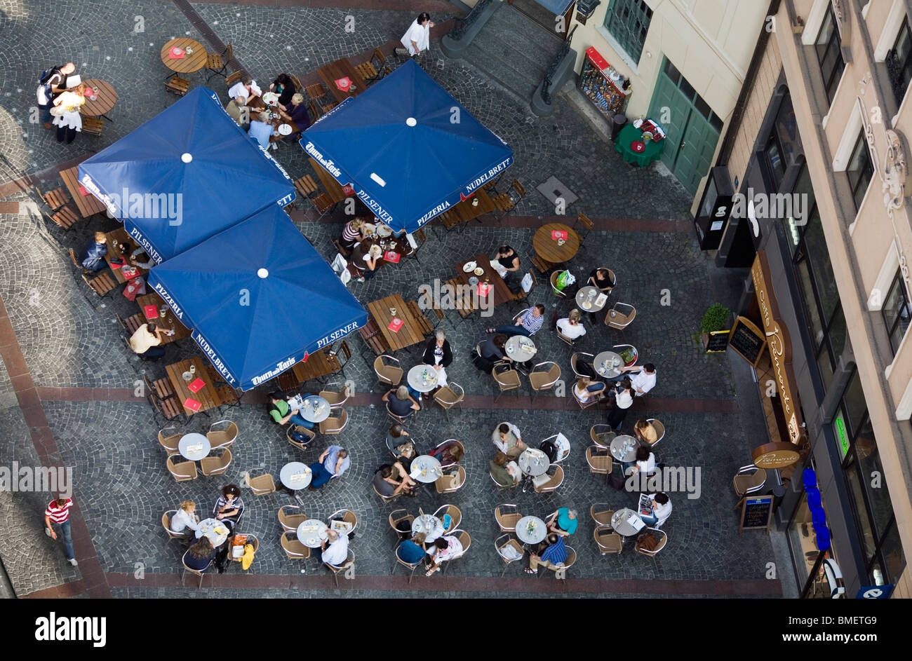 Top view of a street bar and tables. Munich, Germany Stock Photo