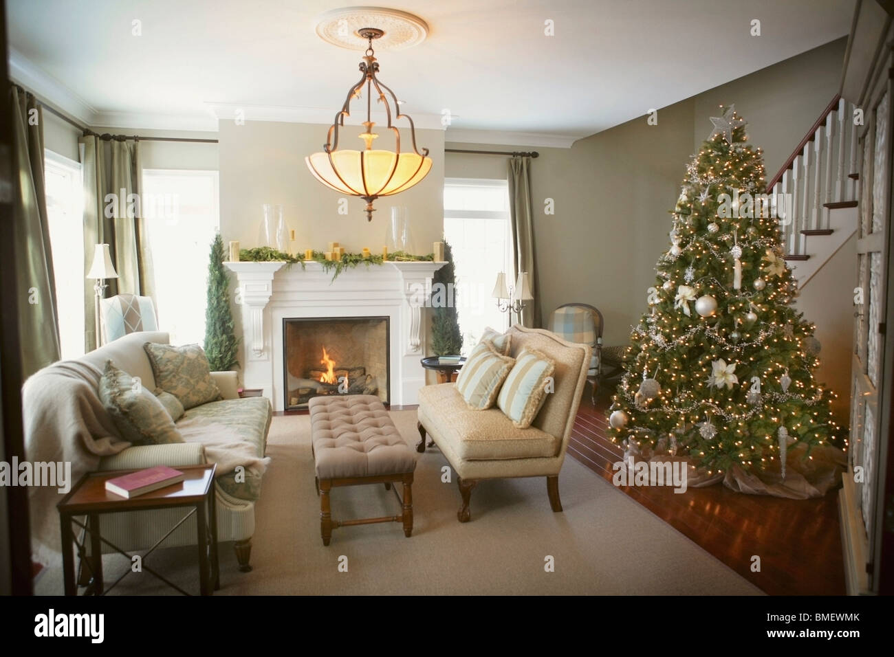 Living Room With A Christmas Tree Stock Photo