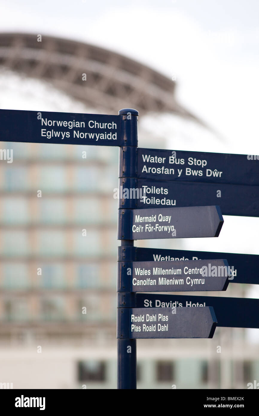 Signpost in front of St David's Hotel, Cardiff Bay Stock Photo