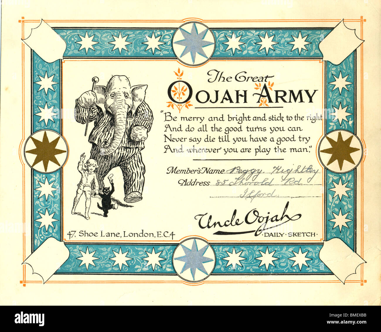 Membership certificate for The Great Oojah Army Stock Photo