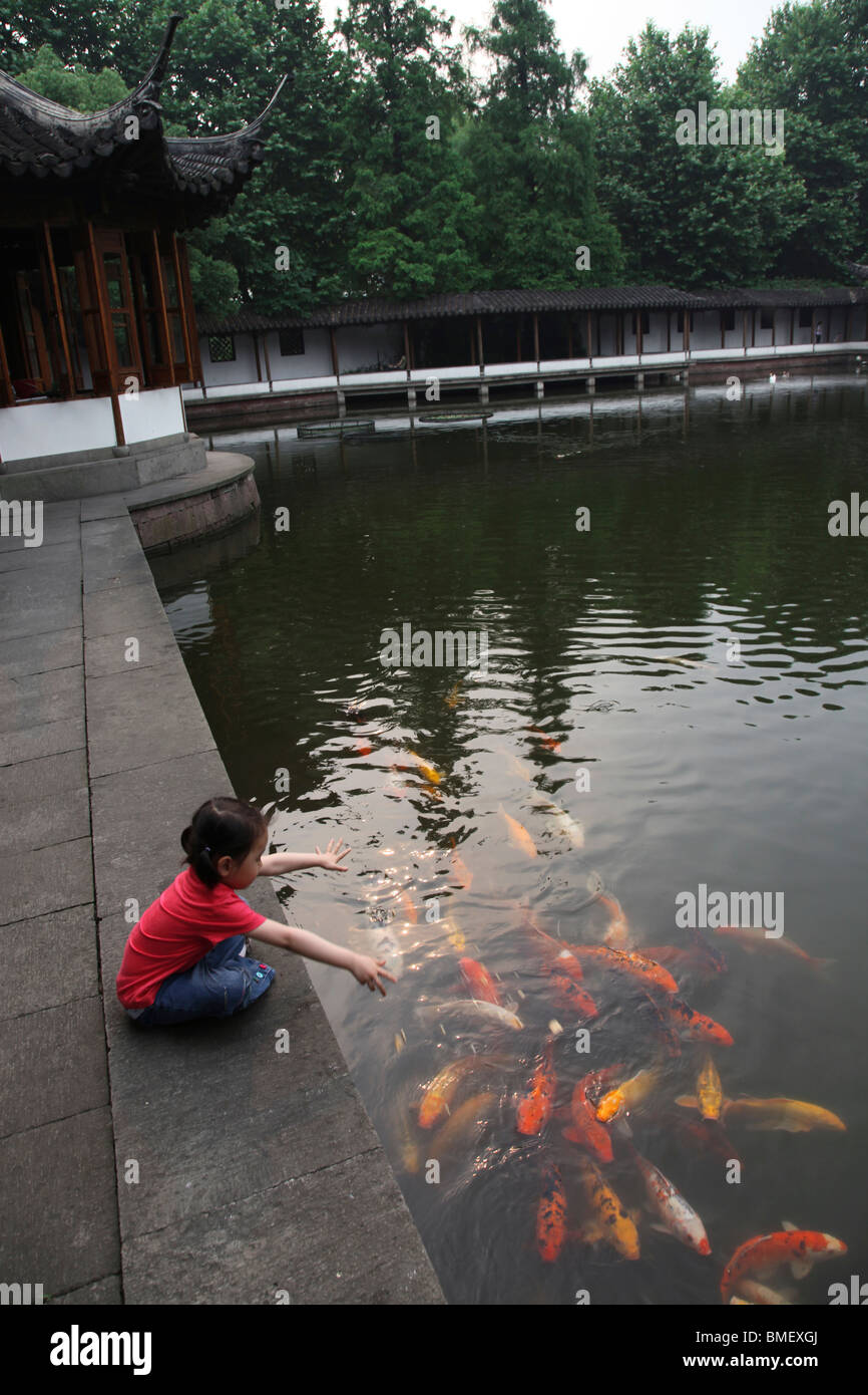 Young Chinese girl feeding colorful carps in Red Carp Pond, West Lake, Hangzhou City, Zhejiang Province, China Stock Photo