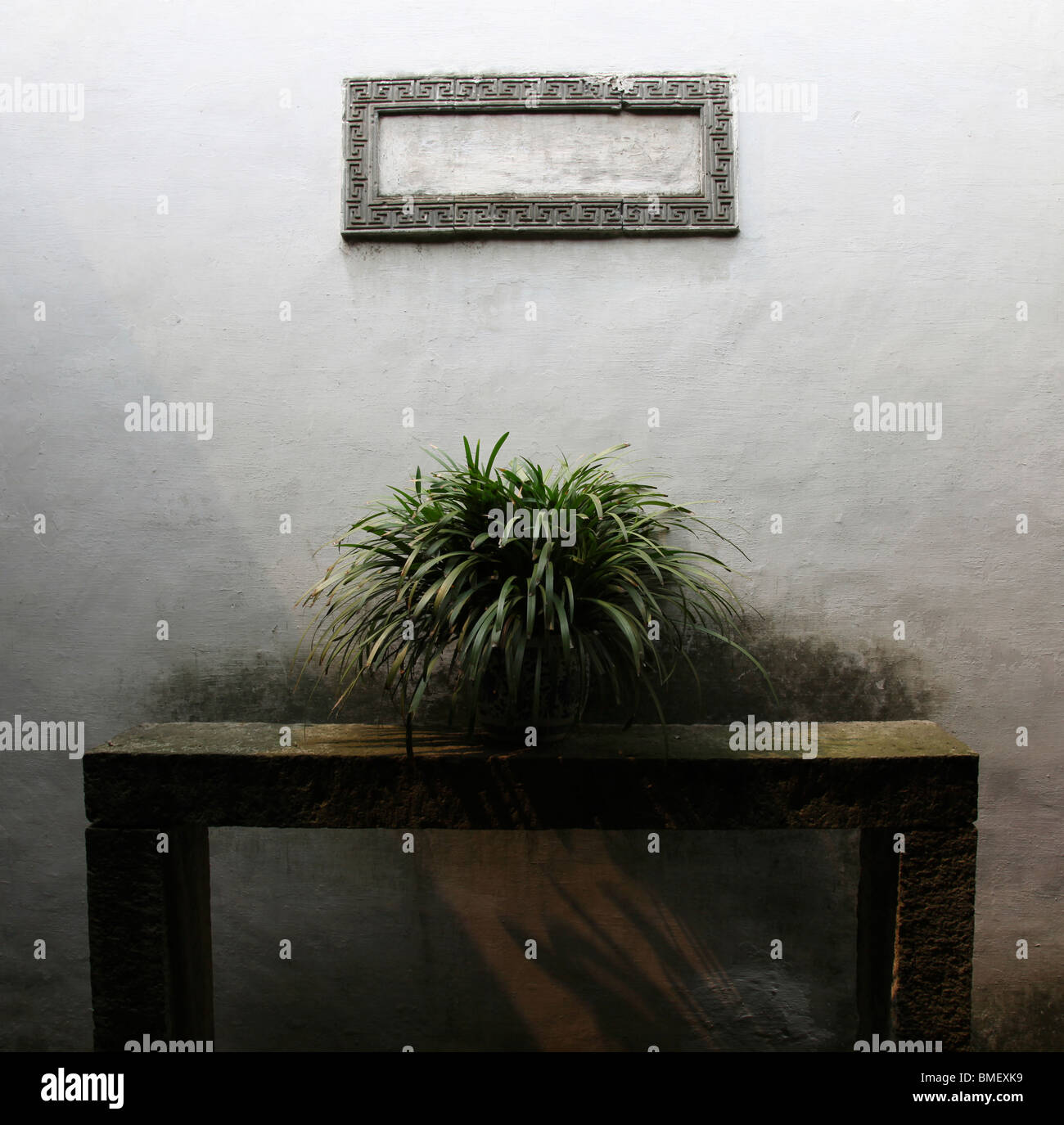 Potted plant on stone table, Former Residence Of Lu Xun, Shaoxing, Zhejiang Province, China Stock Photo