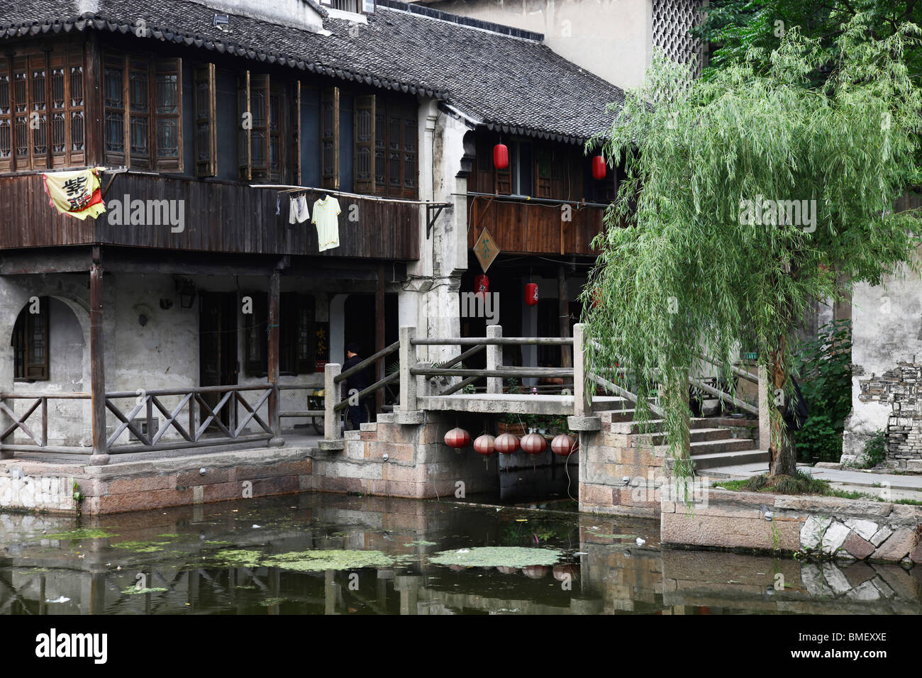 Traditional two story houses along the river, Nanxun, Huzhou, Zhejiang ...