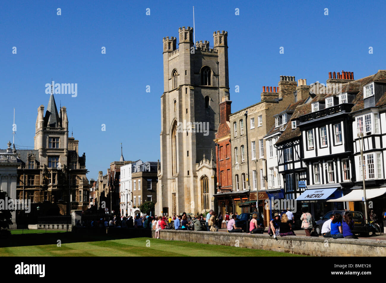 Kings Parade and Great St Marys Church seen from Kings College, Cambridge, England, UK Stock Photo