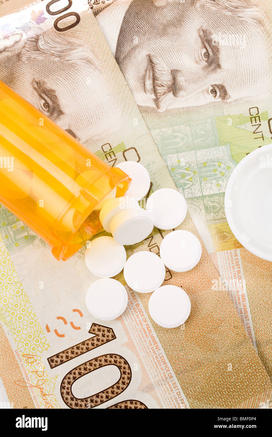 Medicine pills and canadian dollar, concept of high cost medicine bill