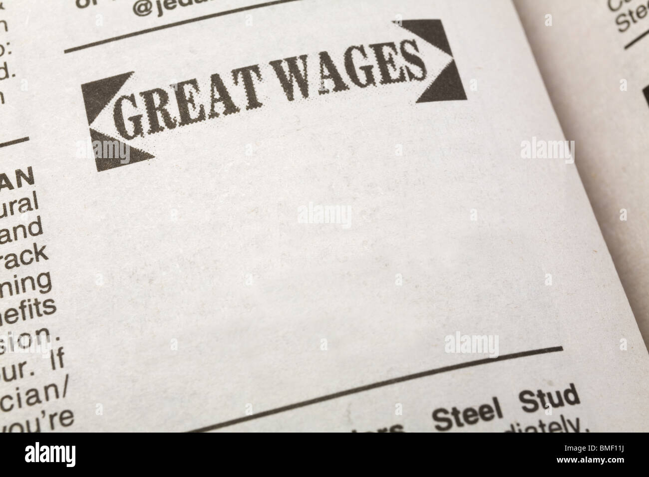 newspaper employment ad, Great Wages, Employment concept Stock Photo