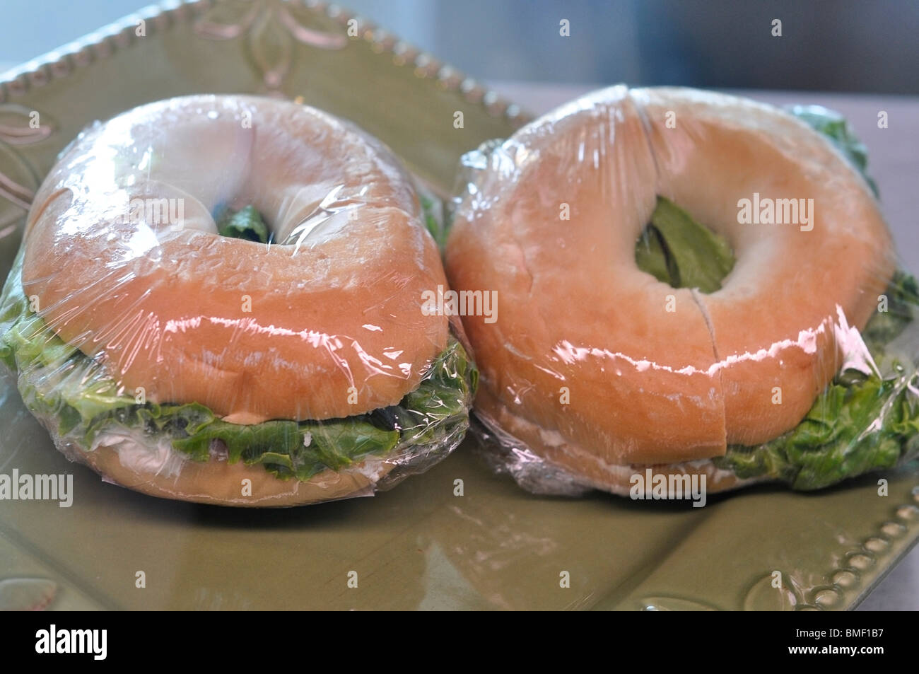 Bagel Sandwich, Bagel Sandwiches with Salmon Spread and Lettuce Stock Photo