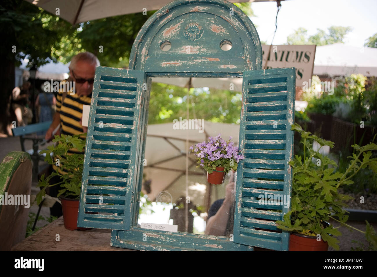 Paris, France, Man Shopping, Garden Festival, Detail Garden Mirror ...