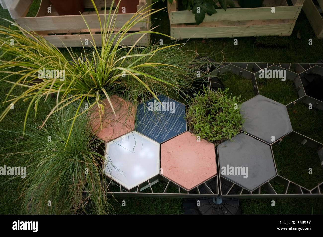 Paris, France, Garden Festival, Detail Patio Terrace Design, Solar Energy Floor Tiles 'Hexa' Stock Photo