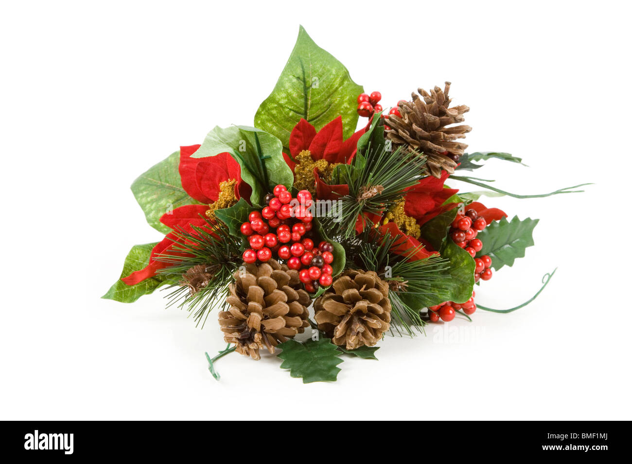 Christmas Decoration, Poinsettia, Pinecone, Holly Stock Photo