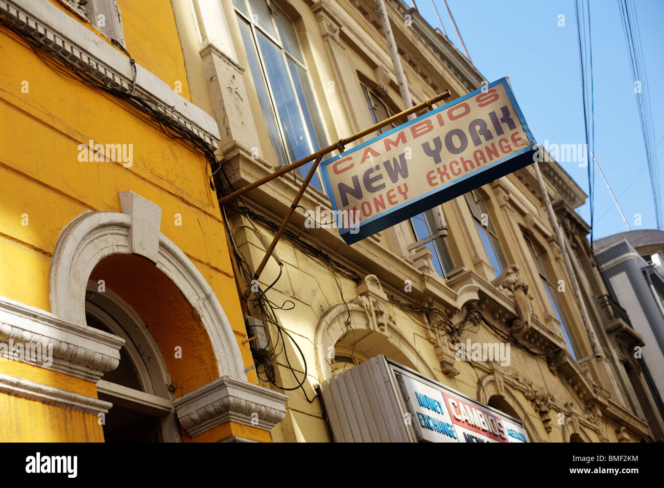 Sign for the New York money exchange in Valparaiso on Chile Stock Photo