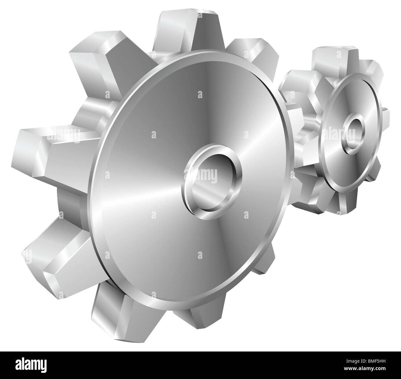 A pair of shiny silver steel metallic cog or gear wheels vector illustration with dynamic perspective. Stock Photo