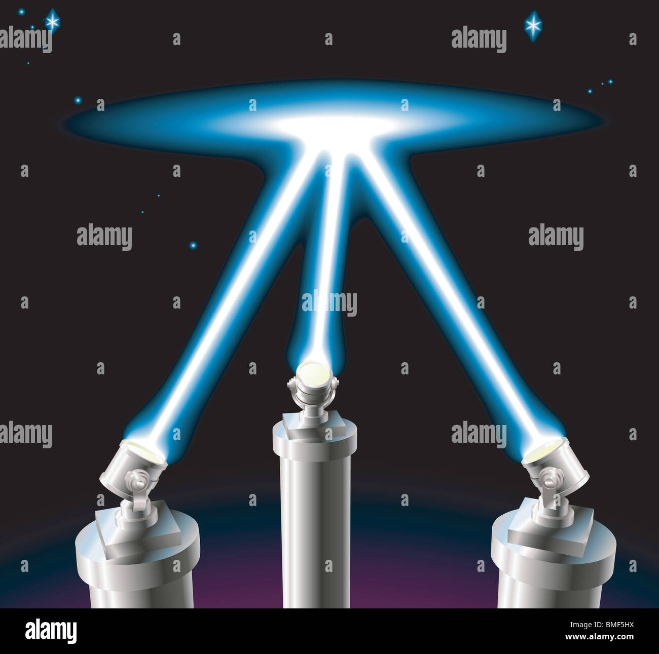 Some searchlights or spotlights lighting up the starry night sky. Stock Photo