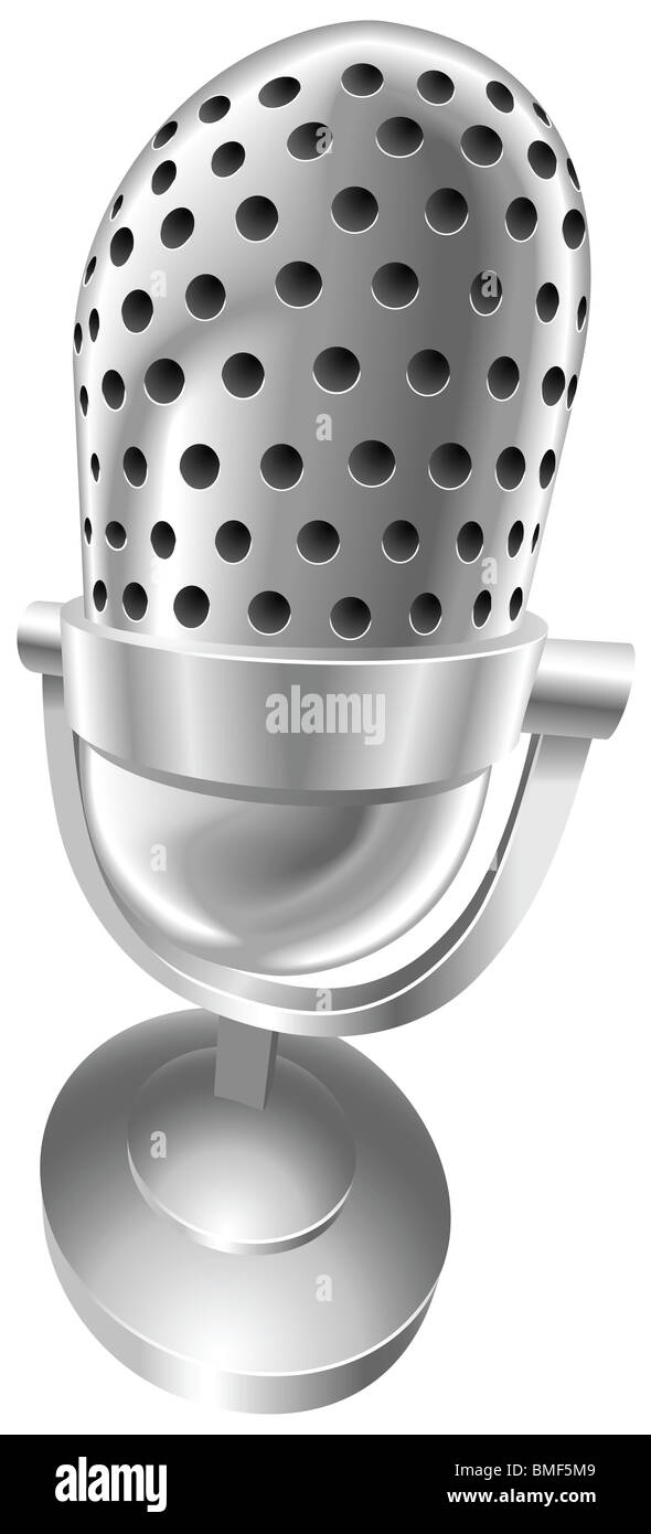 A shiny silver steel metallic old style retro microphone vector illustration. Can be used as an icon or illustration. Stock Photo
