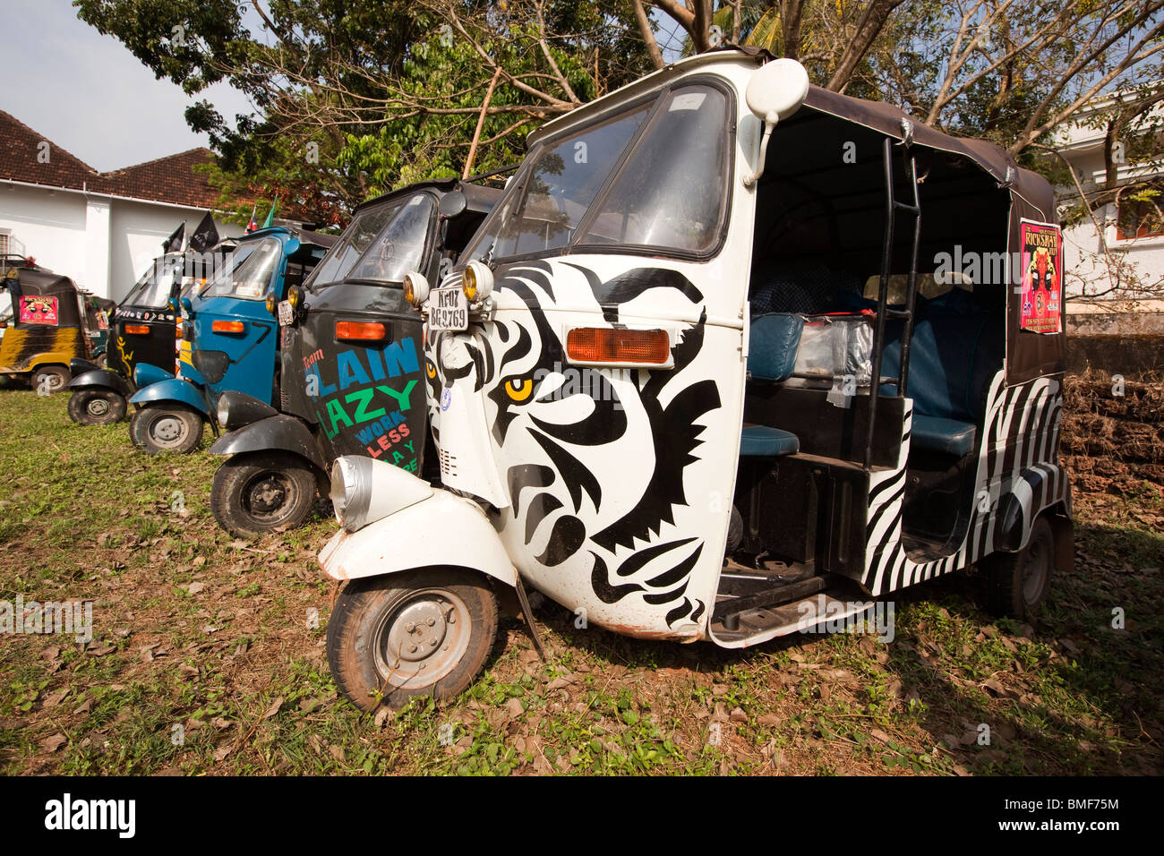 India, Kerala, Kochi, Fort Cochin, Adventurists Pokhara to Cochin Rickshaw Run vehicles at end of journey Stock Photo