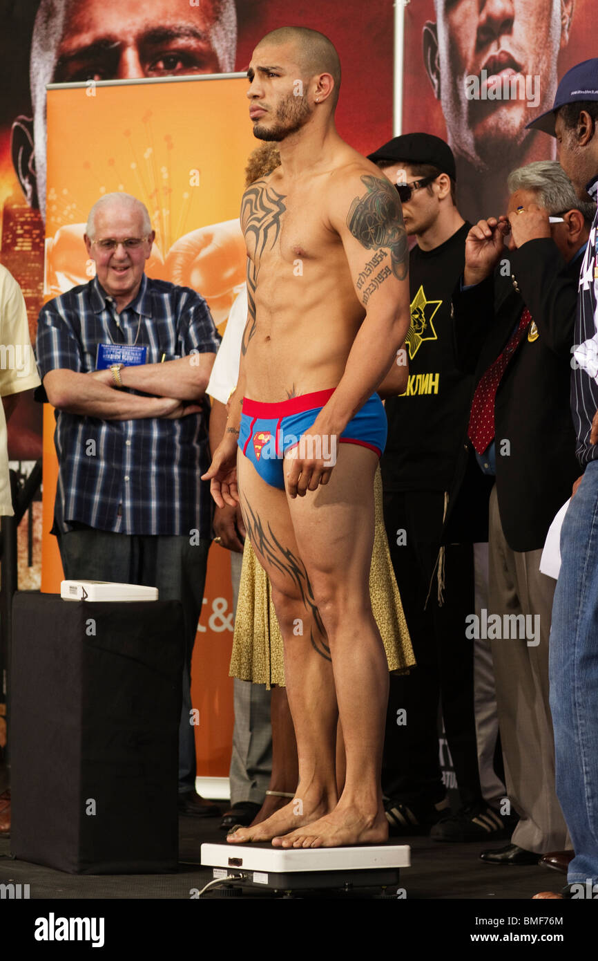 Boxer Miguel Cotto, Puerto Rican super welterweight boxer at weigh-in Yankee Stadium where he will fight Yuri Foreman June 5 201 Stock Photo