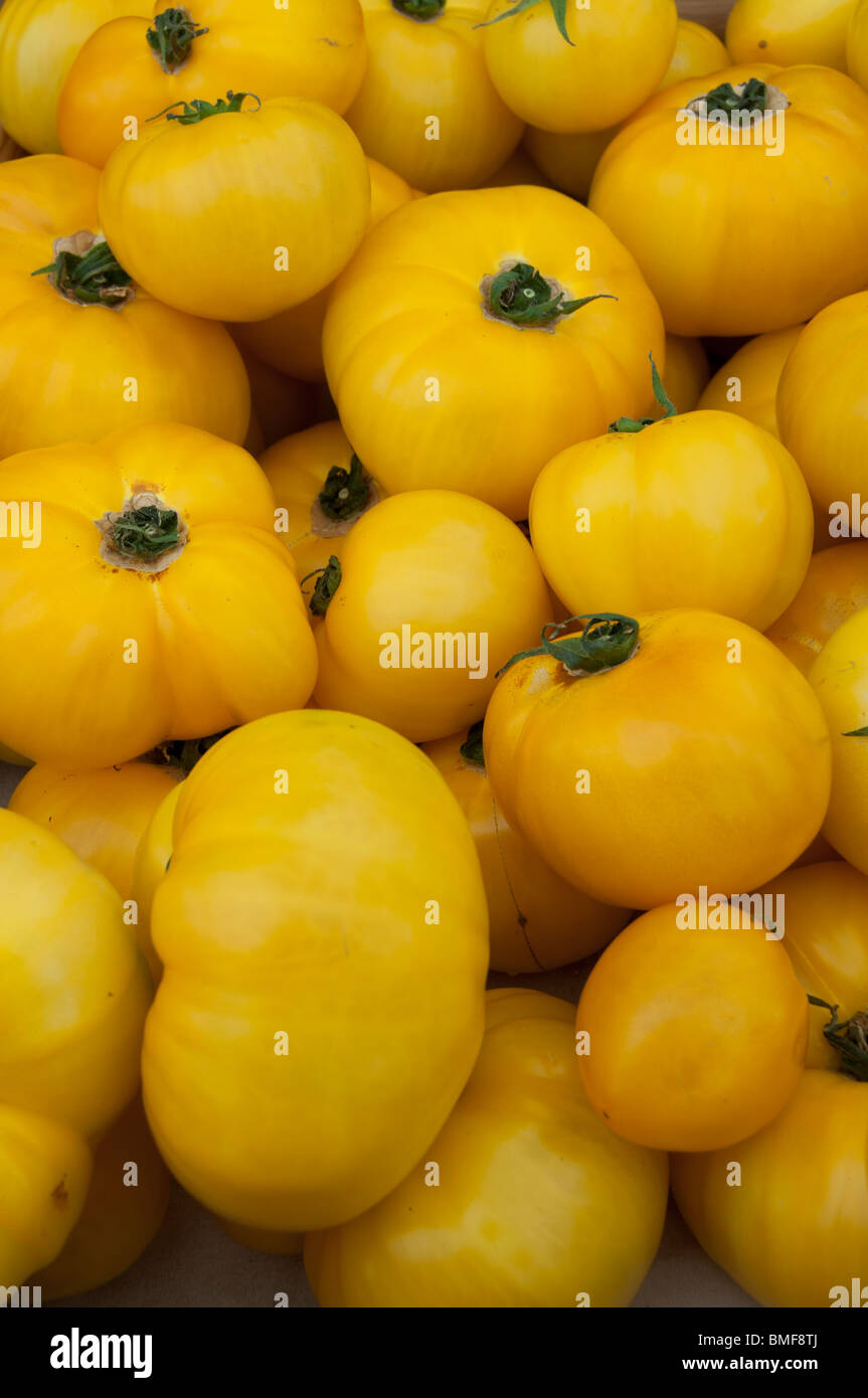 Heirloom tomatoes on sale at the Issaquah, Washington Saturday Market. Stock Photo
