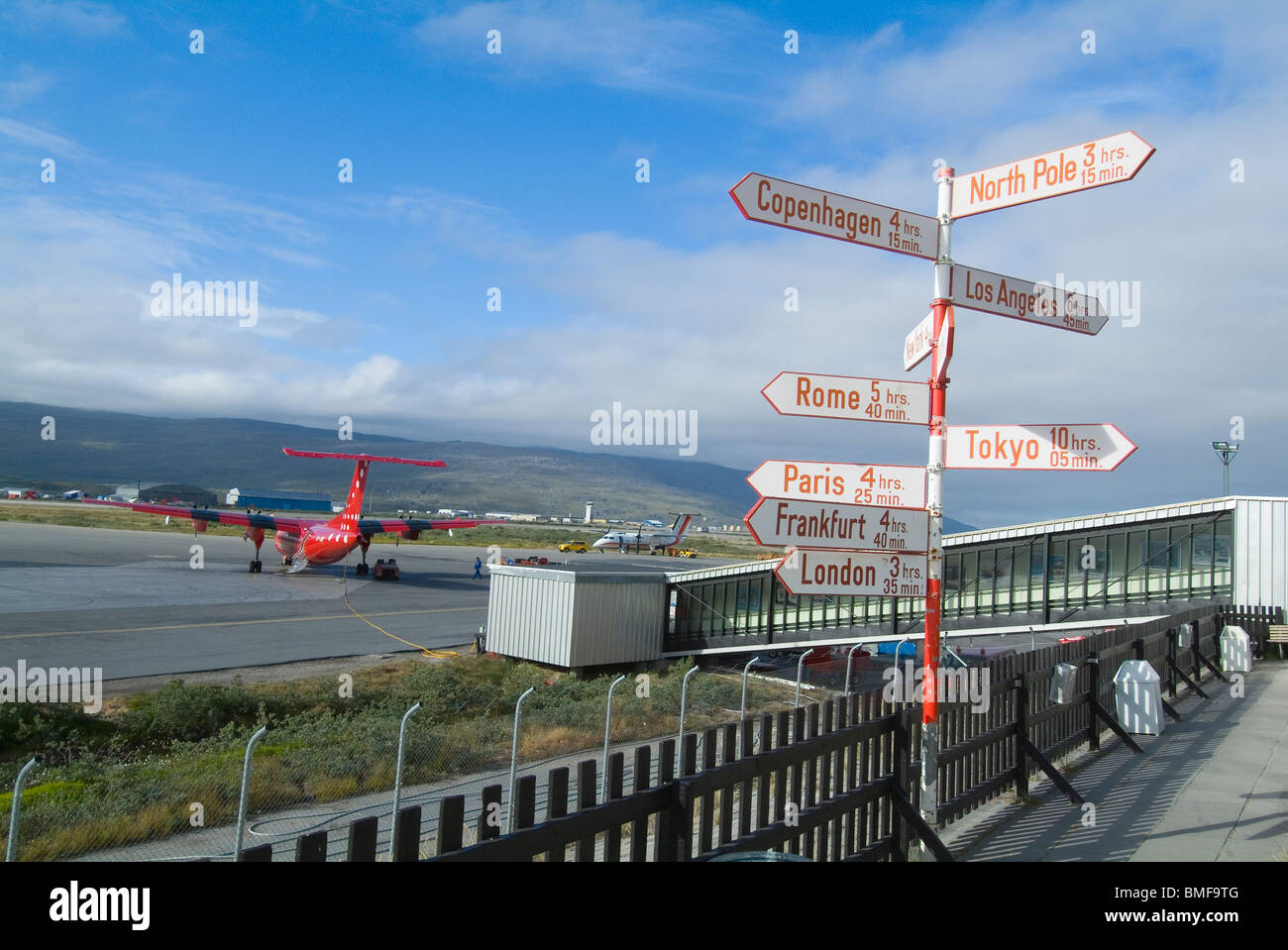 Signpost at Kangerlussuaq airport, Greenland, Denmark Stock Photo