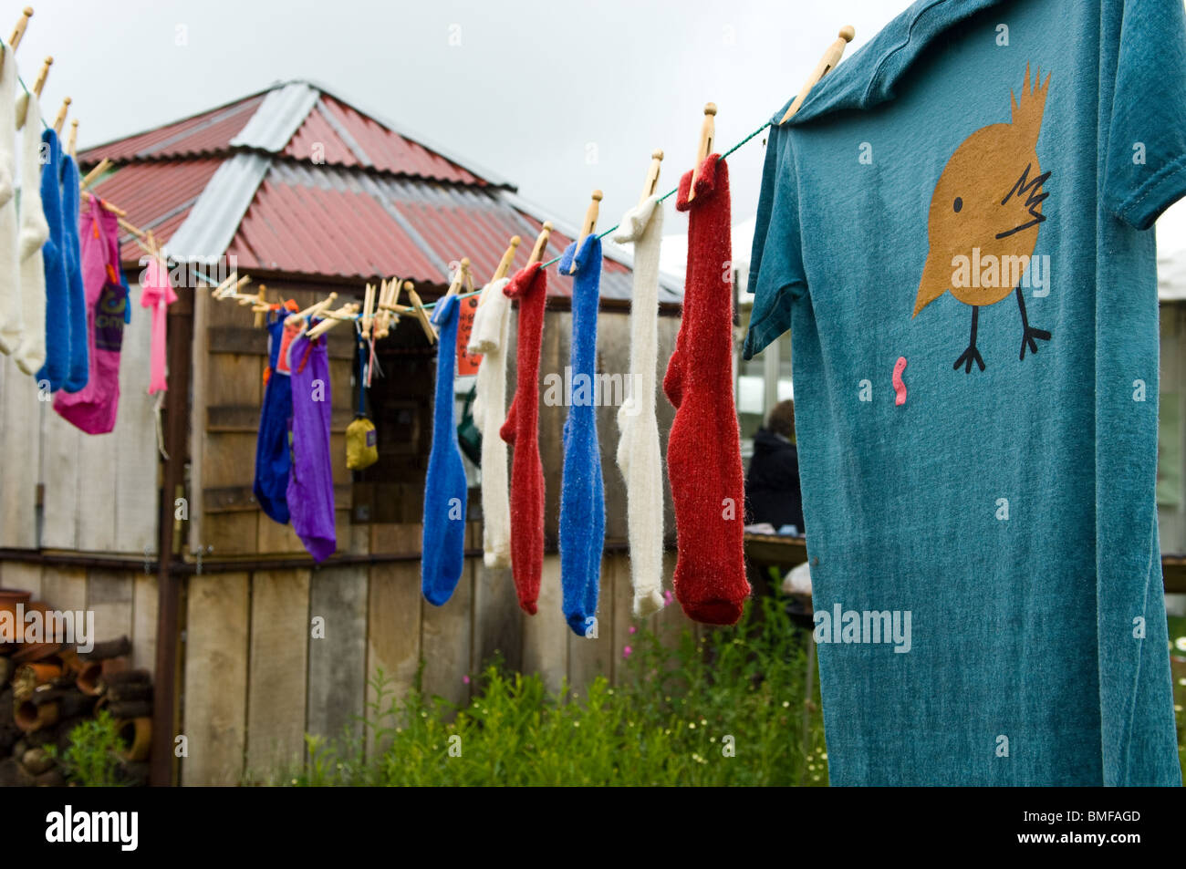 Coloured, colored socks and cartooned teeshirt pegged to a cloths line Stock Photo