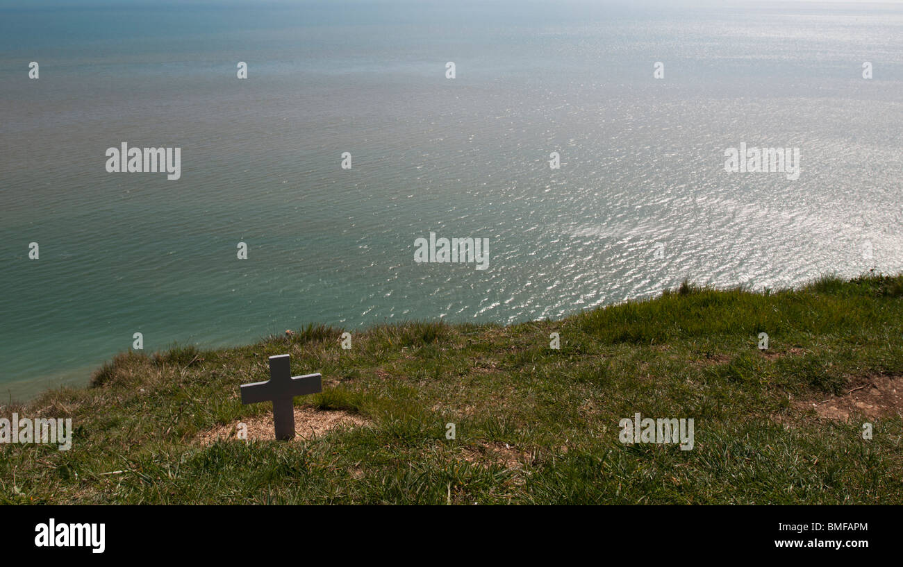 United Kingdom, England - A cross close to the edge of the cliffs at Beachy Head. Stock Photo