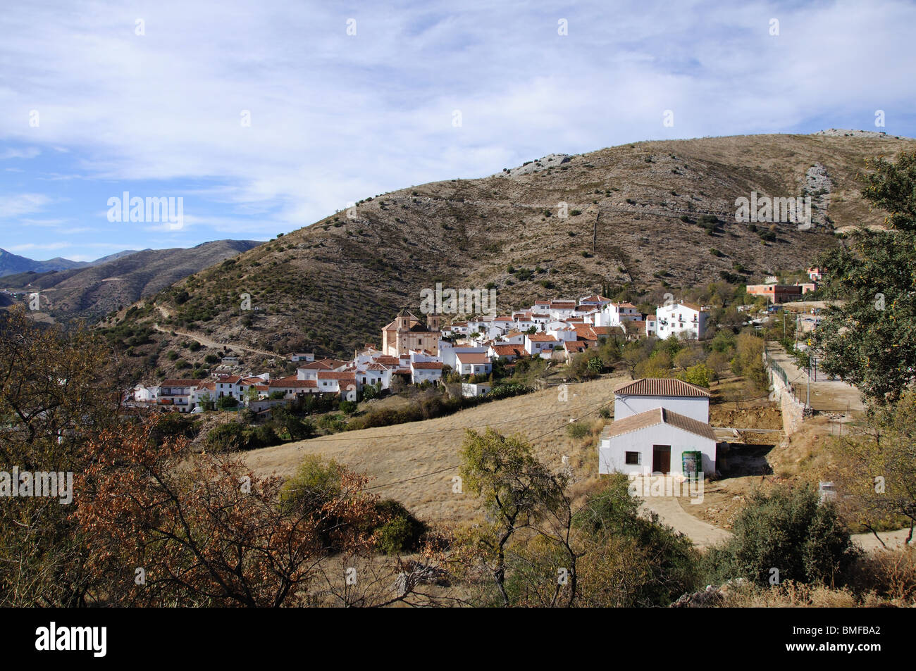 View of whitewashed village (Pueblo Blanco), Alpandeire, Serrania de Ronda, Malaga Province, Andalucia, Spain, Western Europe. Stock Photo