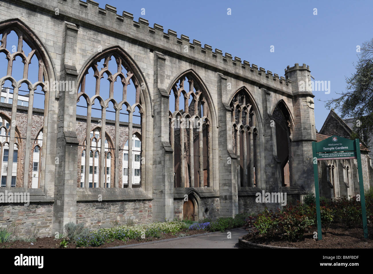 Temple Gardens in Bristol England UK, and the WWII bombed out shell of Temple Church, war damage Stock Photo