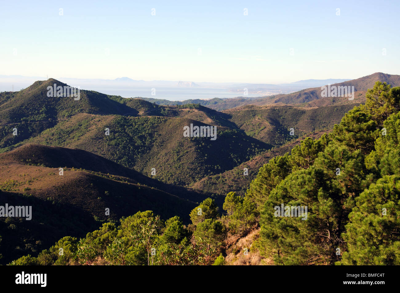 View towards the coast from near Puerto de Alijar, Costa del Sol, Malaga Province, Andalucia, Spain. Stock Photo