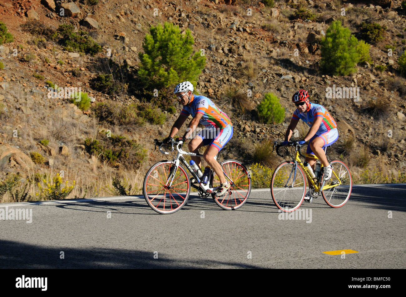 Cyclists near Puerto de Alijar, Costa del Sol, Malaga Province, Andalucia, Spain. Stock Photo