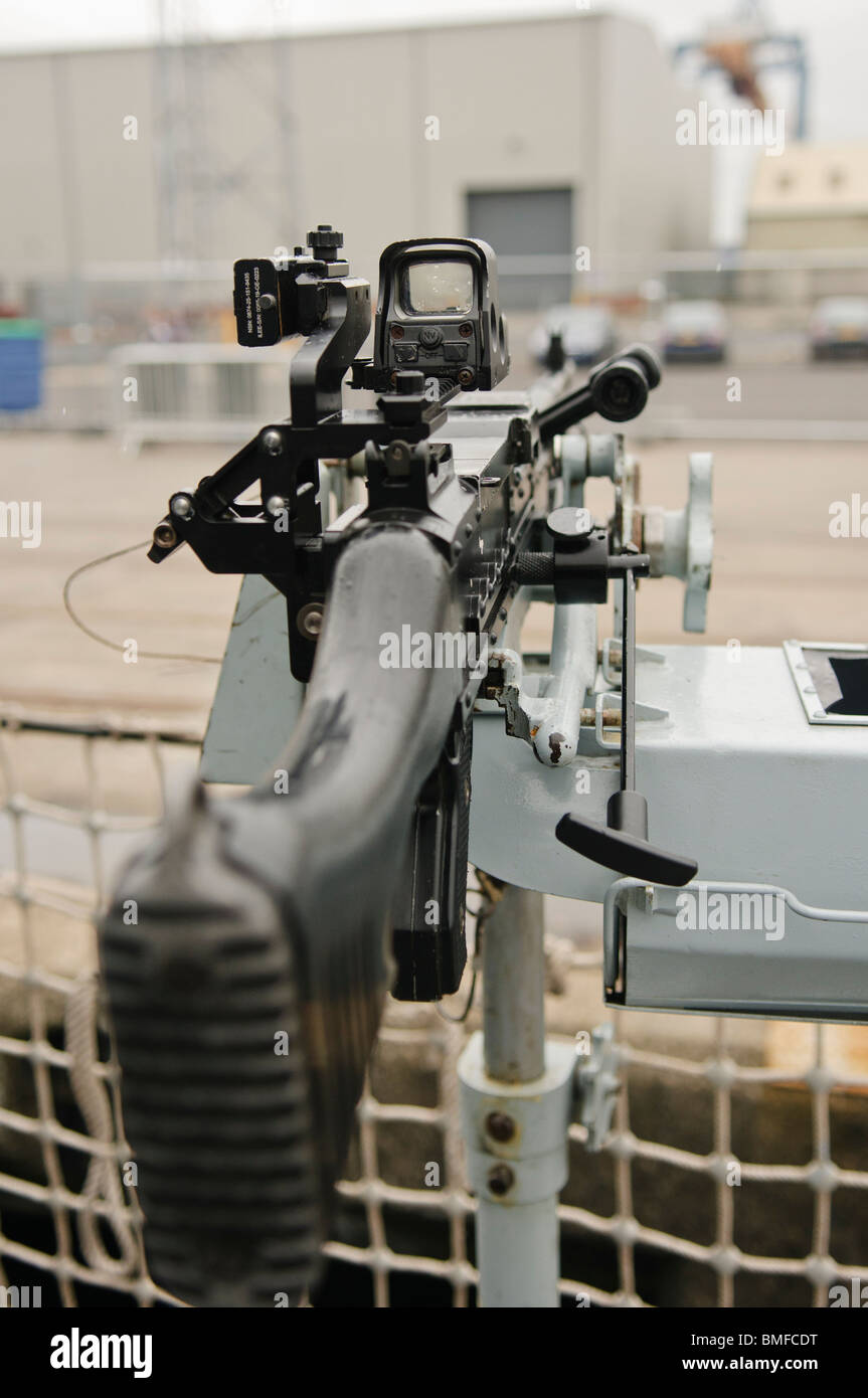 A Fabrique Nationalie FN MAG L44A1 medium machine gun, mounted on a gimble on HMS Monmouth, a type 23 frigate. Stock Photo